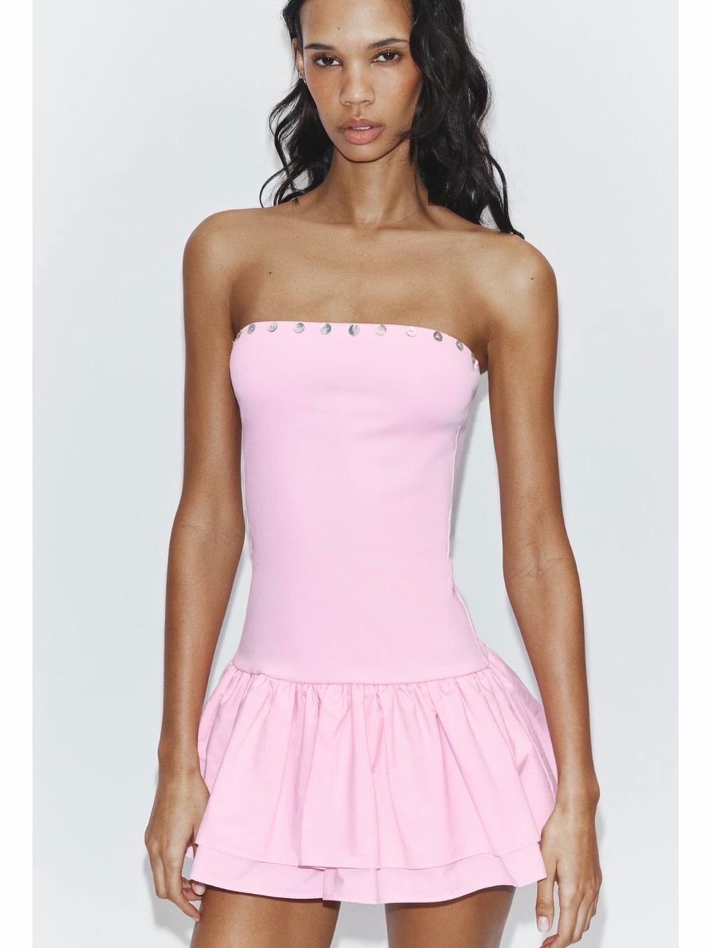 Zara Strapless Baby Pink Mini Dress with Shell Buttons